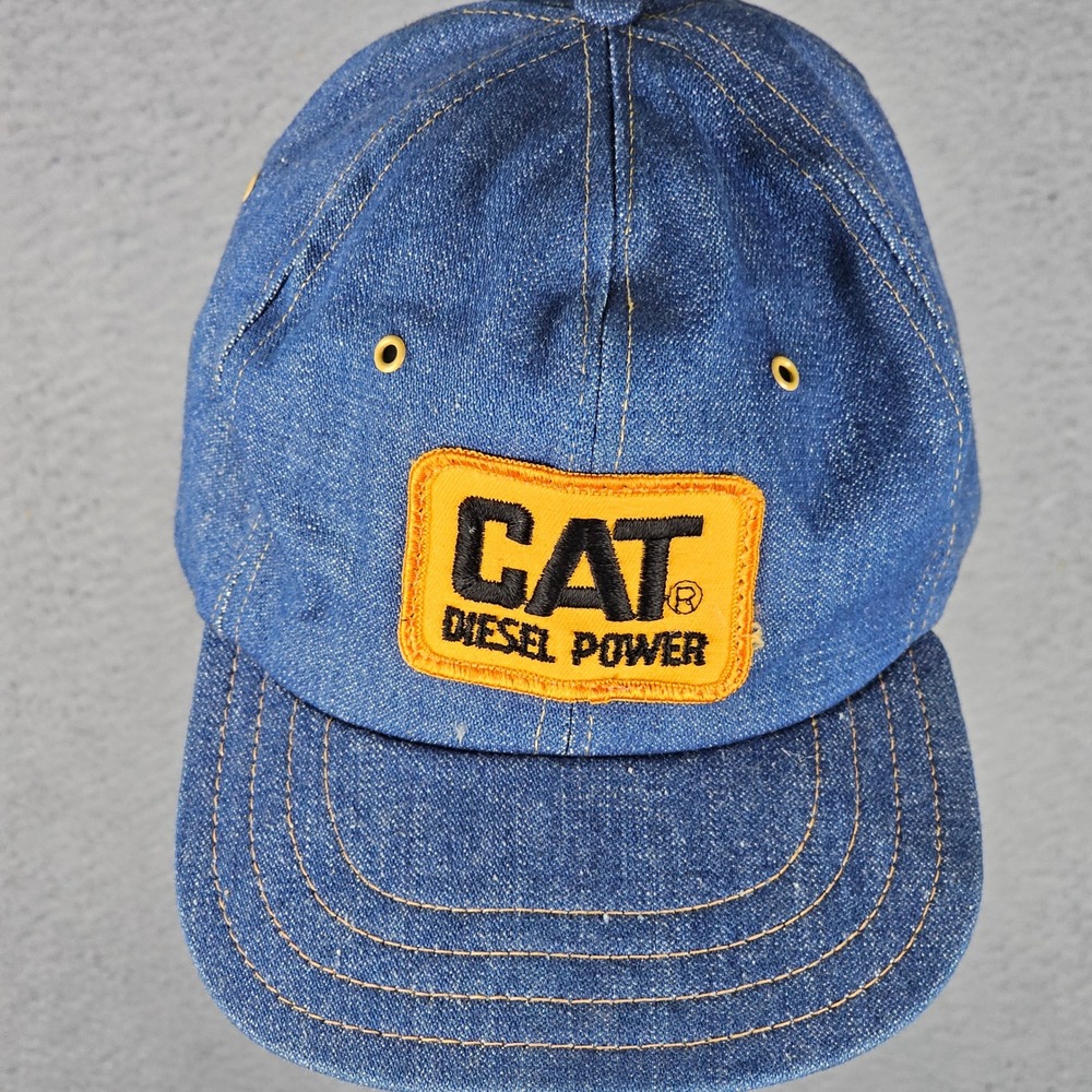 Vintage CAT Diesel Power Denim Trucker Hat Mens Blue Snapback Made in USA Cap